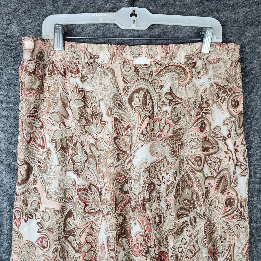 Dressbarn Paisley Midi Skirt Womens Large Tan Brown Coral Elastic Waist Lined - Picture 4 of 8